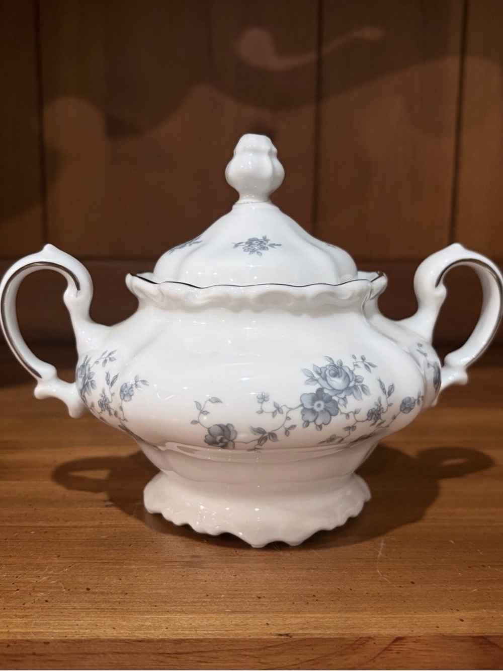 White Porcelain Covered Sugar Bowl with Gray Floral Pattern